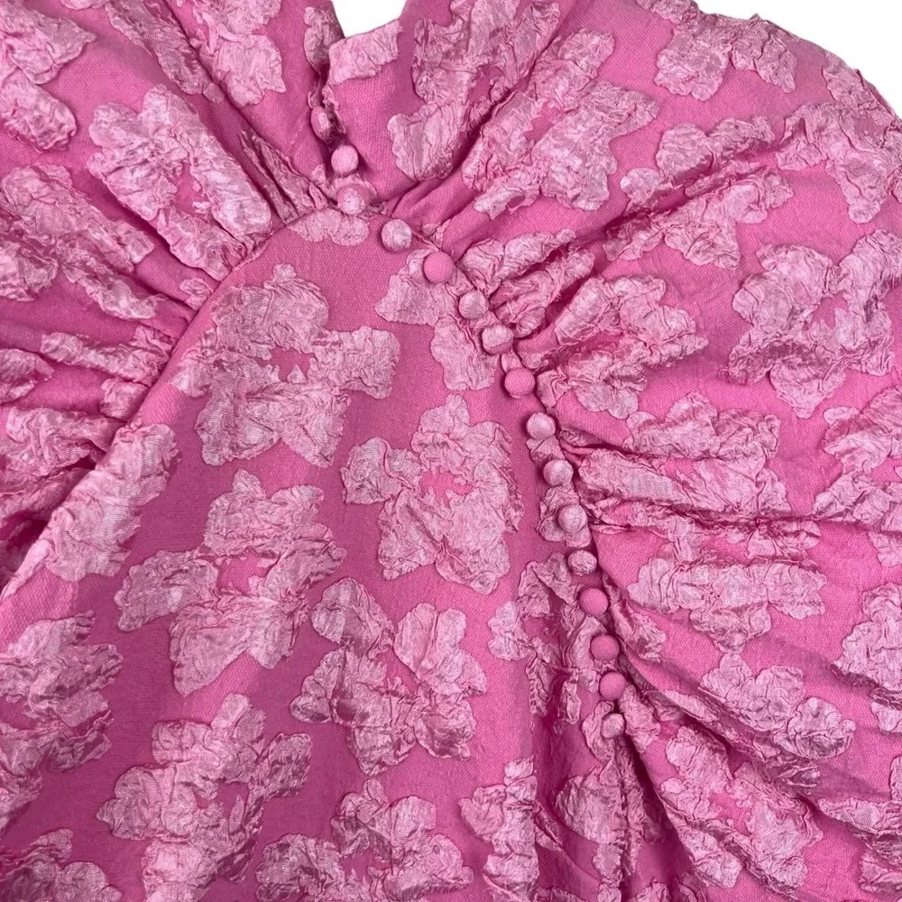 Textured Pink Puff-Sleeve Mini Dress - Picture 13 of 16